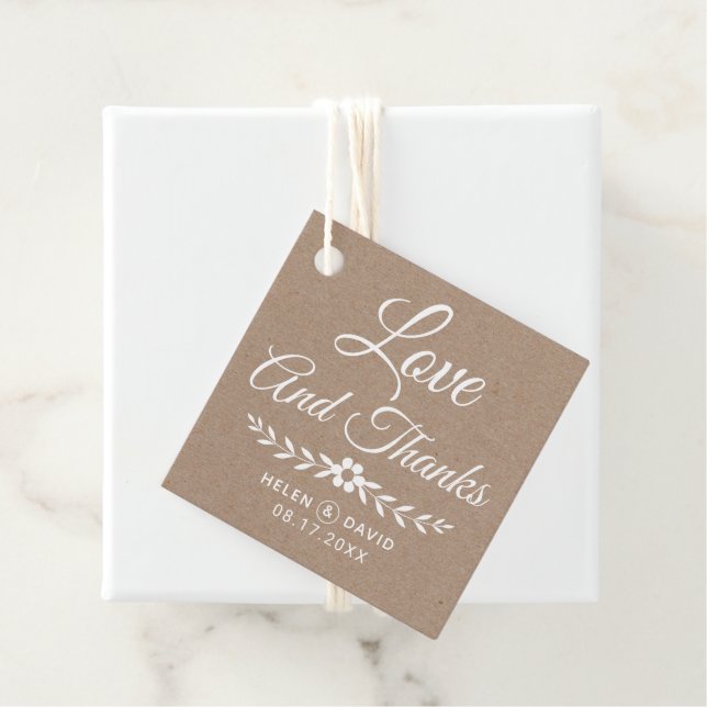Liebe und dank weißer Typografie rustikale Hochzei Geschenkanhänger (Beispiel)