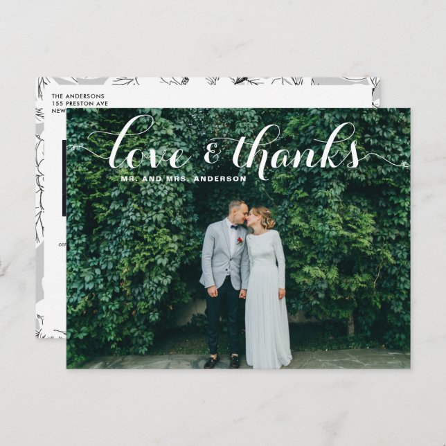 Liebe und Dank Whimsical Script Foto Hochzeit Postkarte (Vorne/Hinten)