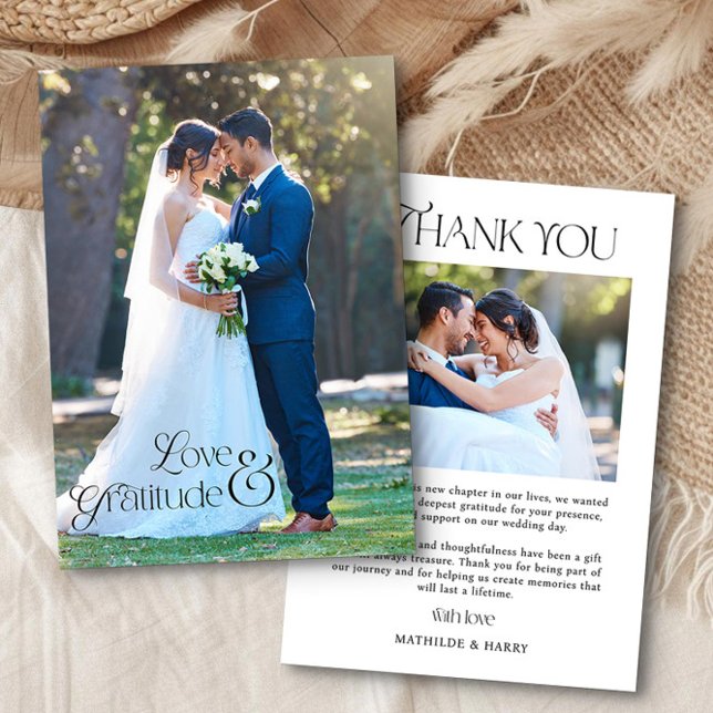 Liebe und Dankbarkeit Nostalgische Typ 2 Foto Hoch Dankeskarte (Wedding thank you card with photos and nostalgic type overlay)