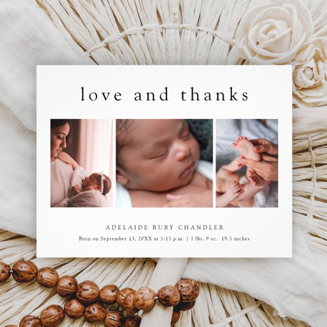 Liebe und Danke 3 Foto Neues Baby Danke Card Fl Flyer (Simple typographic love and thanks budget 3 photo birth announcement baby thank you card.)