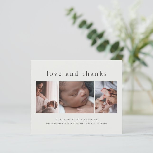 Liebe und Danke 3 Foto New Baby Danke Karte (Stehend Vorderseite)
