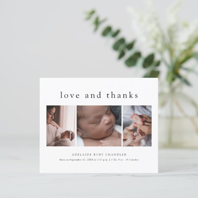 Liebe und Danke 3 Foto New Baby Danke Karte (Stehend Vorderseite)