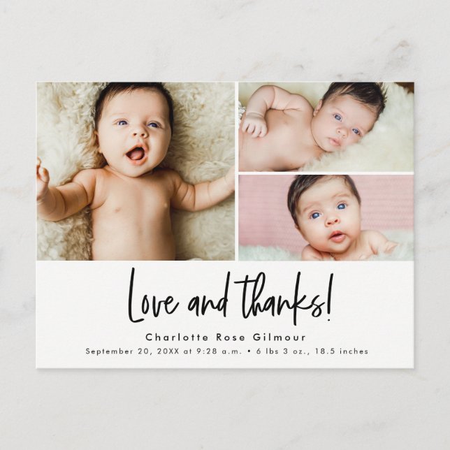 Liebe und danke Baby 3 Fotos Vielen Dank Postkarte (Vorderseite)