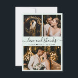 Liebe und danke Mint Green Wedding Dankeschön Card<br><div class="desc">Elegante, Minimalistische Minze grüne Hand Lettered Wedding Foto Collage Dankeschön Karte. Stilvolle Hochzeit danke Ihnen Karte Vorlage mit (3) drei Foto auf der Vorderseite und ein Foto auf der Rückseite. Mit dem Text "Liebe und Dank" in einer Wirblen Hand Schriftzeichen Schriftart in schwarz auf hellpastellfarbenen Minze grün Hintergrund. Personalisieren Sie...</div>