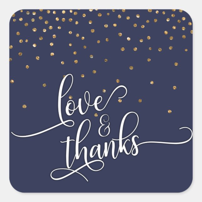 Liebe und Dankeschön, Gold Confetti und Navy Blue Quadratischer Aufkleber (Vorderseite)