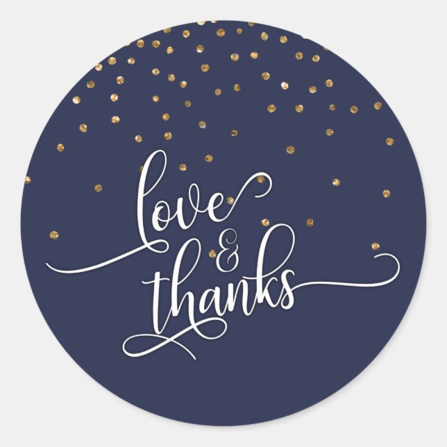 Liebe und Dankeschön, Gold Confetti und Navy Blue Runder Aufkleber (Vorderseite)