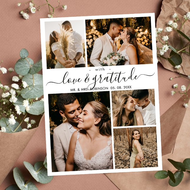 Liebe und Dankeschön-Script 5 Foto Collage Wedding Dankeskarte (Von Creator hochgeladen)