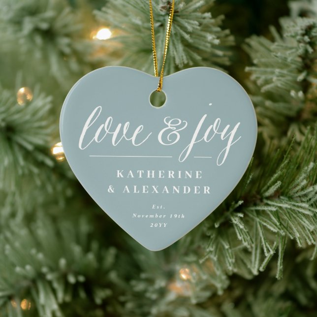 Liebe und Freude Mr. & Mrs. 1. Weihnachtsfeier Fot Keramik Ornament (Baum)