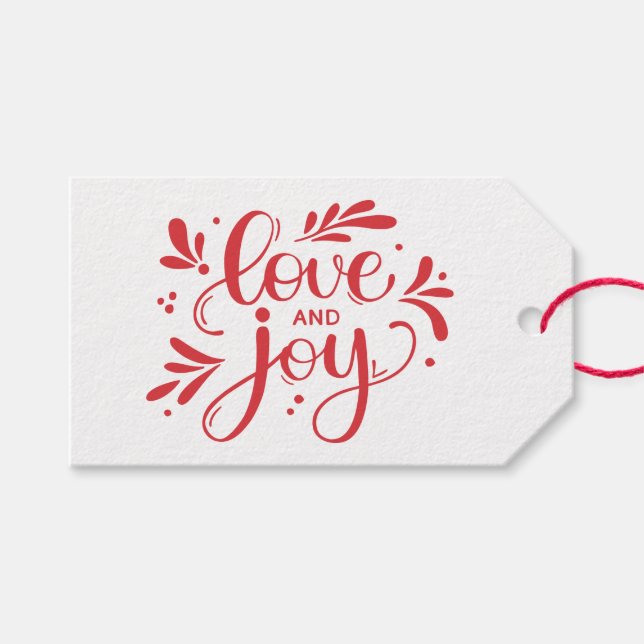 Liebe und Freude. Rote Weihnachtsschrift Geschenkanhänger (Vorderseite (Horizontal))
