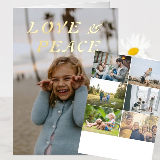 Liebe und Frieden 8 Foto gefalteter Goldschmied (Modern Gold Foil Holiday Card with 8 Photos and Holiday Message)