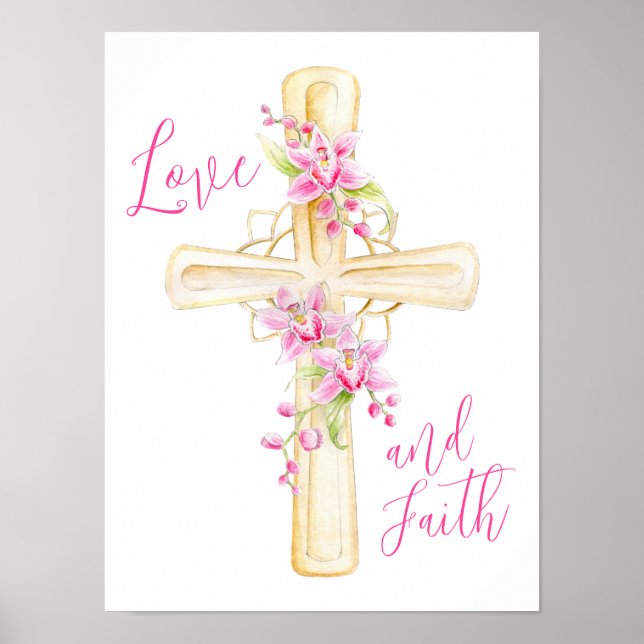 Liebe und Glaube Blumenkreuz Aquarell Poster (Vorne)