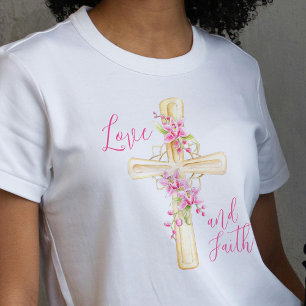 Liebe und Glaube Blumenkreuz Aquarell T-Shirt