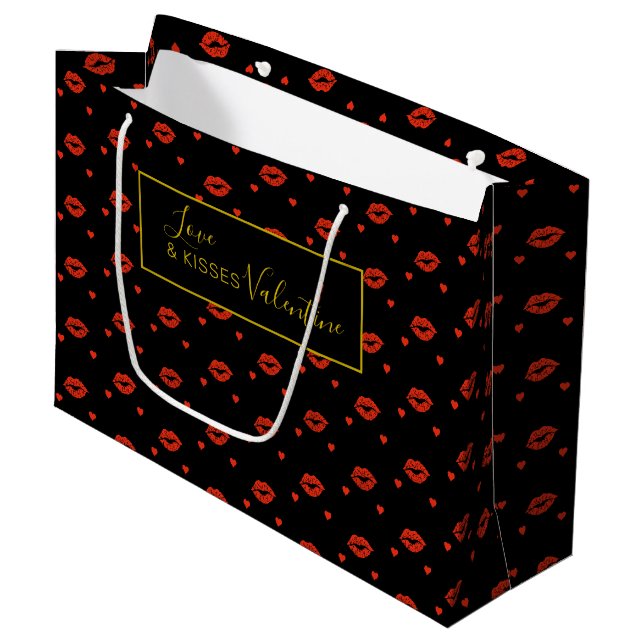 LIEBE- UND KISSEN-VALENTIN MIT ROTEN HEIZEN GROßE GESCHENKTÜTE (Vorderseite Schrägansicht)
