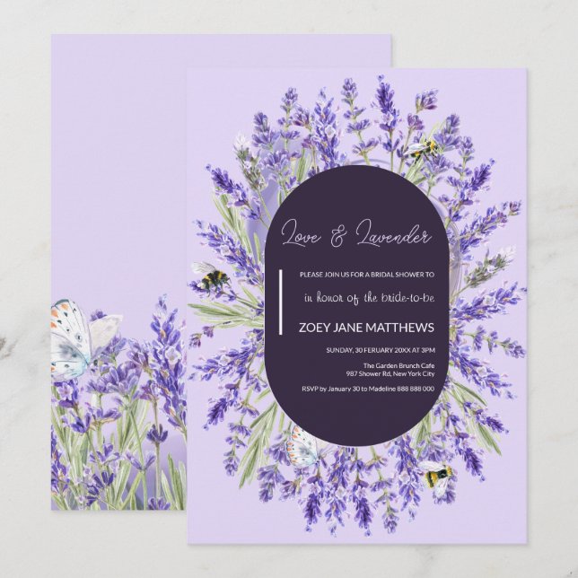 Liebe und Lavendel | Elegantes florales Brautparty Einladung (Vorne/Hinten)