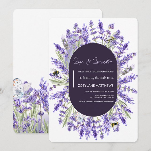 Liebe und Lavendel | Elegantes florales Brautparty Einladung (Vorne/Hinten)