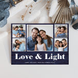 Liebe und Licht| Hanukkah Blue Rustic Foto Grid Feiertagskarte<br><div class="desc">Diese einfache und rustikale Multi-Foto Hanukkah-Karte sagt "Liebe & Licht" in weiß, moderne Typografie auf einem blauen Holzhintergrund mit einem 5-Foto-Gitter auf der Vorderseite der Karte. Auf der Rückseite befinden sich zwei weitere Foto, sowie ein Platz, um Ihre persönliche Nachricht hinzuzufügen. Eine niedliche und stilvolle Art zu feiern, um es...</div>