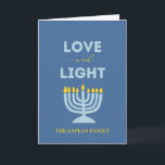 "Liebe und Licht" Menorah Personalisiert Hanukkah Karte<br><div class="desc">Mit dieser eleganten "Liebe und Licht" Hanukkah-Karte wünschen wir Ihnen ein frohes Fest der Lichter. Mit einem leuchtenden Menorah-Design, einem ruhigen, blauen Hintergrund und anpassbarem Familientext ist diese gefaltete Karte ideal, um mit ihren Lieben herzliche Botschaften zu teilen. Egal ob Sie alle acht Nächte feiern oder Segnungen aus der Ferne...</div>