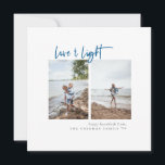 Liebe und Licht Modernes Minimalistisches Foto Han Feiertagskarte<br><div class="desc">Moderne minimalistische Typografie Design "Liebe & Licht" Hanukkah Fotokarte. Merkmale,  zwei senkrechte zentrierte Foto-Leerzeichen,  blaues Skript und die Koordination der soliden Farbabdeckung. Textzeilen für kurze Begrüßung,  Familienname und Jahr.</div>