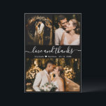 Liebe und vielen Dank an Black and White Wedding V Dankeskarte<br><div class="desc">Elegante, moderne Schwarz-Weiß-Hand-Brief Hochzeit 3 Foto Collage Dankeschön Karte. Stilvolle Hochzeit danke Ihnen Karte Vorlage mit (3) drei Foto auf der Vorderseite und (1) ein Foto auf der Rückseite. Mit dem Text "Liebe und Dank"-Skript in einer kursiven Wirblen Hand Schriftzeichen Swash-Schwanz-Schriftart in weißer Farbe auf schwarzem Hintergrund. Personalisieren Sie Ihren...</div>