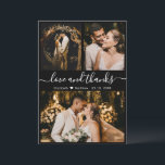 Liebe und vielen Dank an Black and White Wedding V Dankeskarte<br><div class="desc">Elegante, moderne Schwarz-Weiß-Hand-Brief Hochzeit 3 Foto Collage Dankeschön Karte. Stilvolle Hochzeit danke Ihnen Karte Vorlage mit (3) drei Foto auf der Vorderseite und (1) ein Foto auf der Rückseite. Mit dem Text "Liebe und Dank"-Skript in einer kursiven Wirblen Hand Schriftzeichen Swash-Schwanz-Schriftart in weißer Farbe auf schwarzem Hintergrund. Personalisieren Sie Ihren...</div>