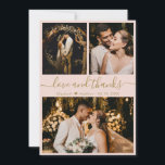 Liebe und vielen Dank an Pink und Gold Wedding Vie Dankeskarte<br><div class="desc">Elegantes, modernes Rosa und Gold Hand Lettered Wedding 3 Foto Collage Dankeschön Karte. Stilvolle Hochzeit danke Ihnen Karte Vorlage mit (3) drei Foto auf der Vorderseite und (1) ein Foto auf der Rückseite. Mit dem Text "Liebe und Dank"-Skript in einer kursiven Wirblen Hand gezeichnet Typografie Swash-Schwanz-Schriftart in goldener Farbe auf...</div>