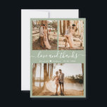 Liebe und vielen Dank an Sage Green Wedding Dankes Dankeskarte<br><div class="desc">Elegante, Minimalistische Seite Grünen Hand Lettered Wedding 3 Foto Collage Dankeschön Karte. Stilvolle Hochzeit danke Ihnen Karte Vorlage mit (3) drei Foto auf der Vorderseite und ein Foto auf der Rückseite. Mit dem Text "Liebe und Dank" in einer kursiven Hand gezeichnet Typografie Skript Schriftart in schwarz auf pastellfarbenen staubigen sage...</div>