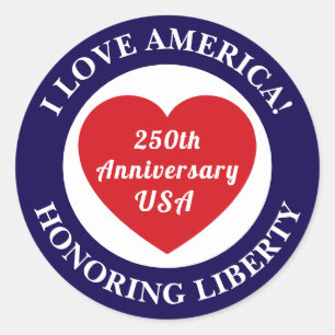Liebe USA Patriotisches Rot-Weiß-Blau-Herz 250. Runder Aufkleber