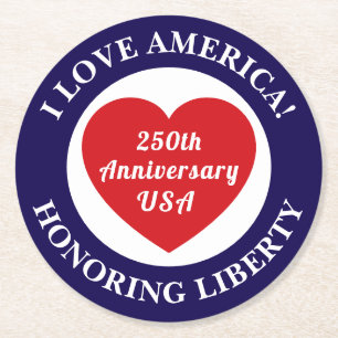 Liebe USA Patriotisches Rot-Weiß-Blau-Herz 250. Runder Pappuntersetzer