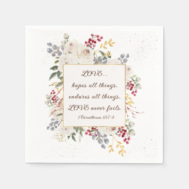 Liebe Versage nie Bibel Verse Winter White Roses Serviette (Vorderseite)