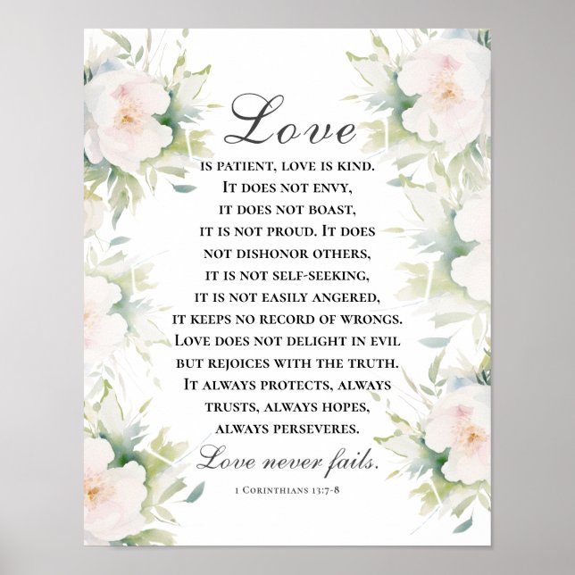 Liebe Versage nie Bibelverse Elegantes Weiß Poster (Vorne)