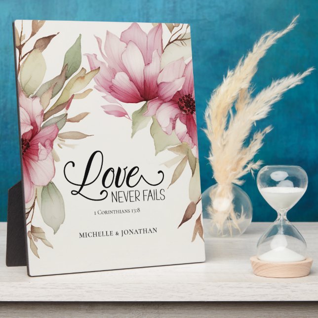 Liebe Versage nie Bibelverse Rosa Blumenhochzeit Fotoplatte (Seite)