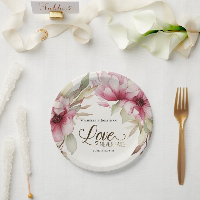 Liebe Versage nie Bibelverse Rosa Blumenhochzeit Pappteller (Hochzeit)