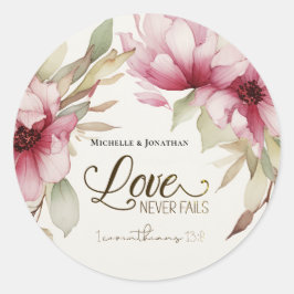 Liebe Versage nie Bibelverse Rosa Blumenhochzeit Runder Aufkleber