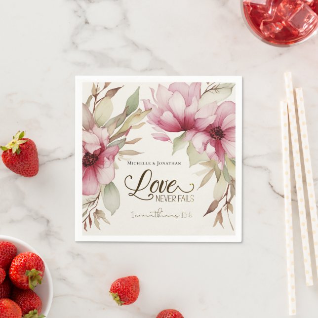 Liebe Versage nie Bibelverse Rosa Blumenhochzeit Serviette (Beispiel)