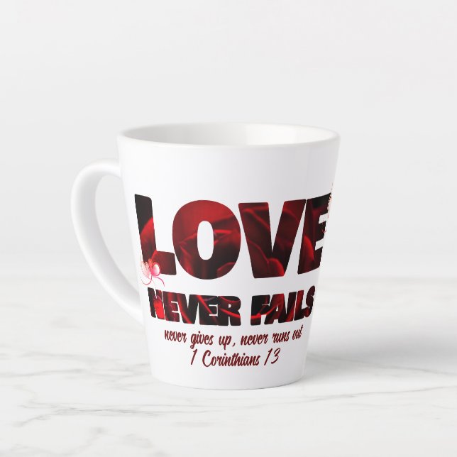 LIEBE VERSAGE NIE Christliches Foto Milchtasse (Linke Ecke)