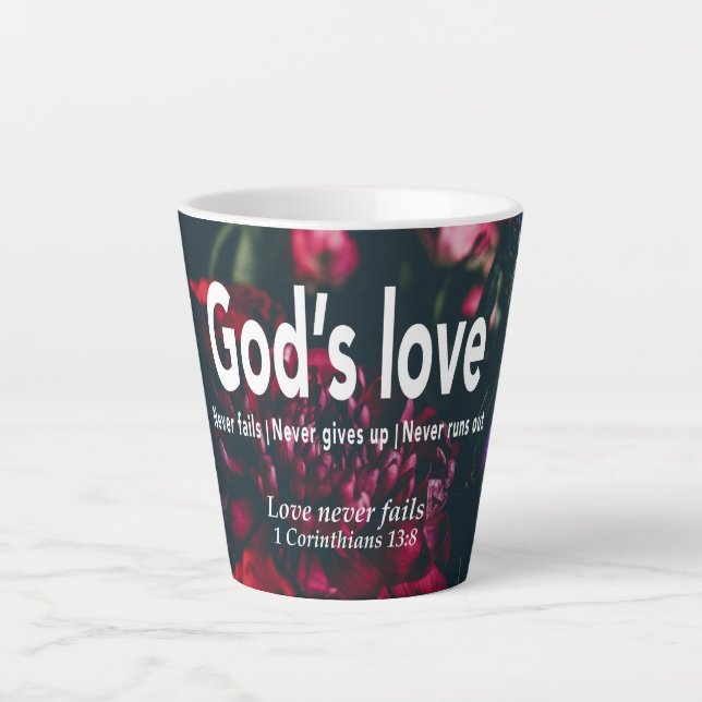 LIEBE VERSAGE NIEMALS Christliches, florales Perso Milchtasse (Vorderseite)