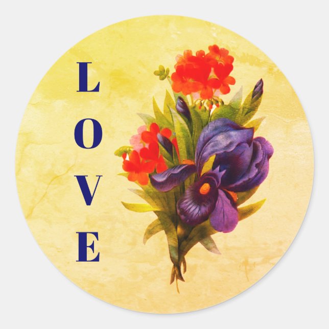 Liebe Vintag Iris Blume Bouquet Runder Aufkleber (Vorderseite)