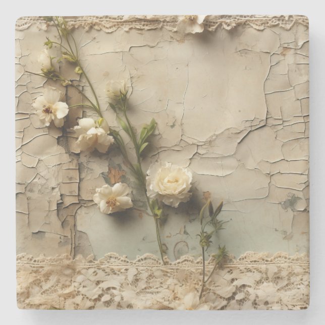 Liebe Vintager Dokumente mit Blume (3) Steinuntersetzer (Vorderseite)