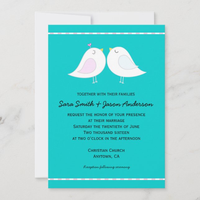 Liebe Vögel auf Aqua Hintergrund Hochzeit Einladun Einladung (Vorderseite)
