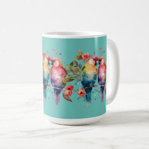 Liebe Vögel auf dem Zweig umgeben von Herzen. Kaffeetasse