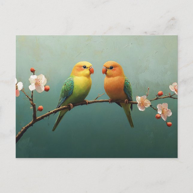 Liebe Vögel auf einem rosa blühenden Zweig Postkarte (Vorderseite)