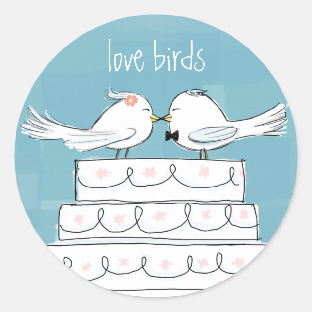 Liebe-Vögel auf Hochzeits-Kuchen-niedlichen Runder Aufkleber (Vorderseite)