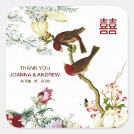 Liebe Vögel & Blume Chinesische Hochzeit Danke © Quadratischer Aufkleber