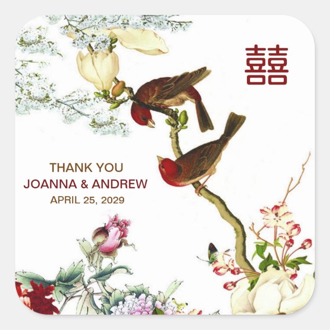Liebe Vögel & Blume Chinesische Hochzeit Danke © Quadratischer Aufkleber (Vorderseite)