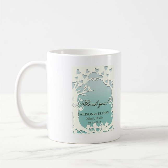 Liebe-Vögel für immer auf Pastellozean-Blau Kaffeetasse (Links)