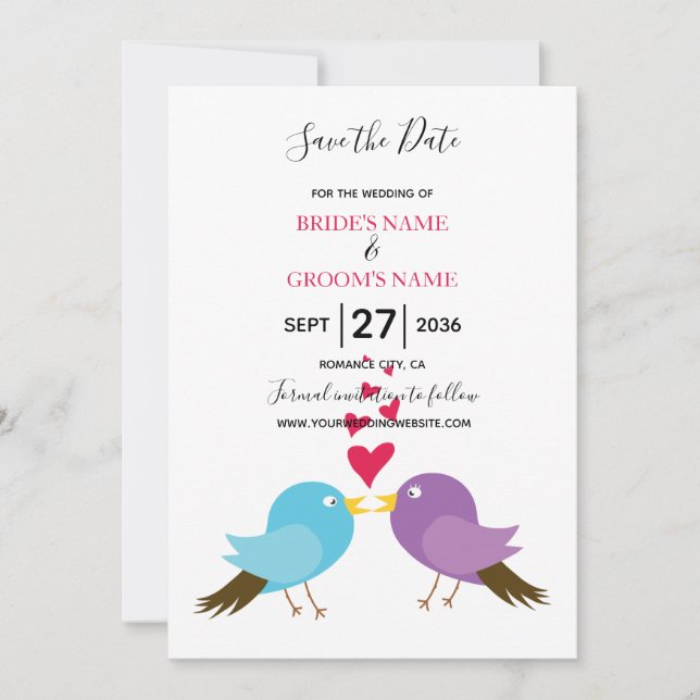 Liebe Vögel & Herz Hochzeit retten Datum Save The Date (Vorderseite)
