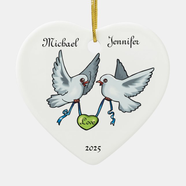 Liebe-Vogel-Paar-Hochzeits-Liebe - Herz-Verzierung Keramikornament (Vorne)
