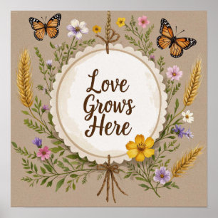 Liebe wächst bohemian, Wildblumen, Weizen, Schmett Poster