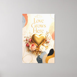 Liebe wächst hier Gold Herz Blumen Leinwand Wandku