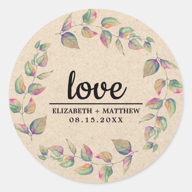 Liebe. Wasserfarben-Branchen Hochzeitspapier Runder Aufkleber (Vorderseite)